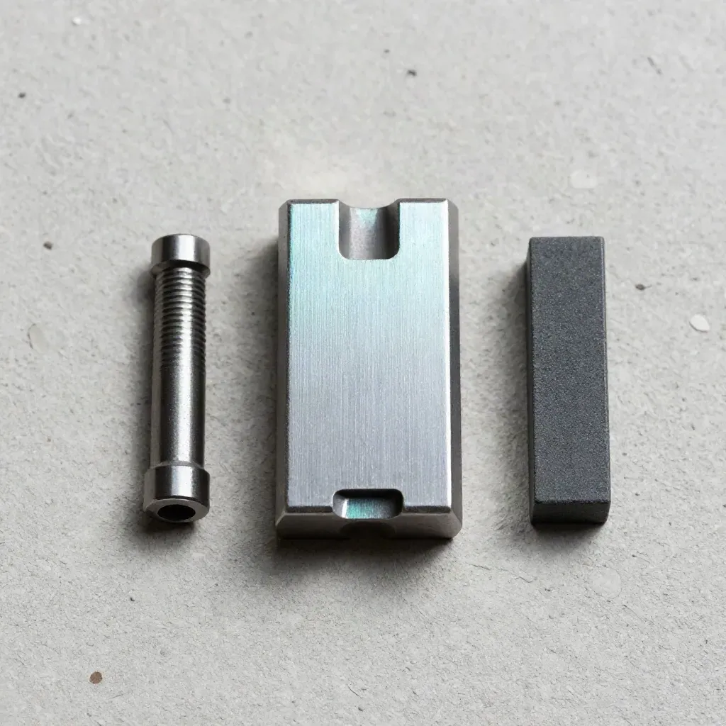 Macro flat lay of a track gauge block, coupling pin and oilstone on pale concrete.
