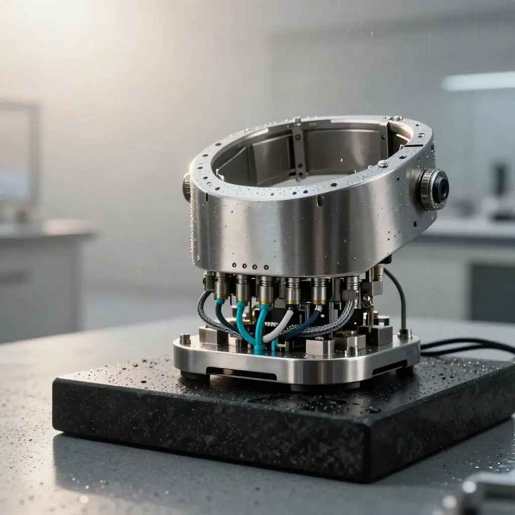 Brushed aluminium cryostat collar with cables and calibration blocks on black basalt in soft dawn mist.