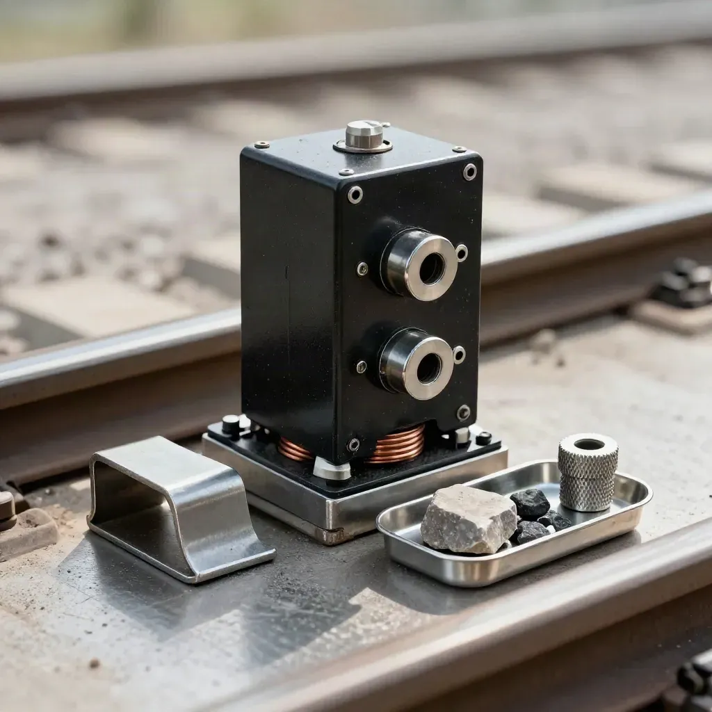 Rail relay stack with track clip, ballast sample and cable ferrule on brushed steel under dramatic light.