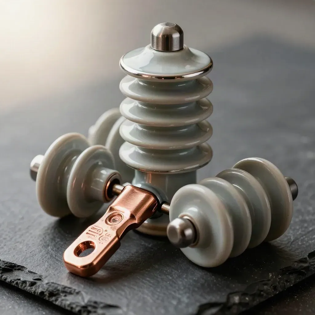 Ceramic insulator, copper lug, and cable rings on dark slate in dramatic studio light