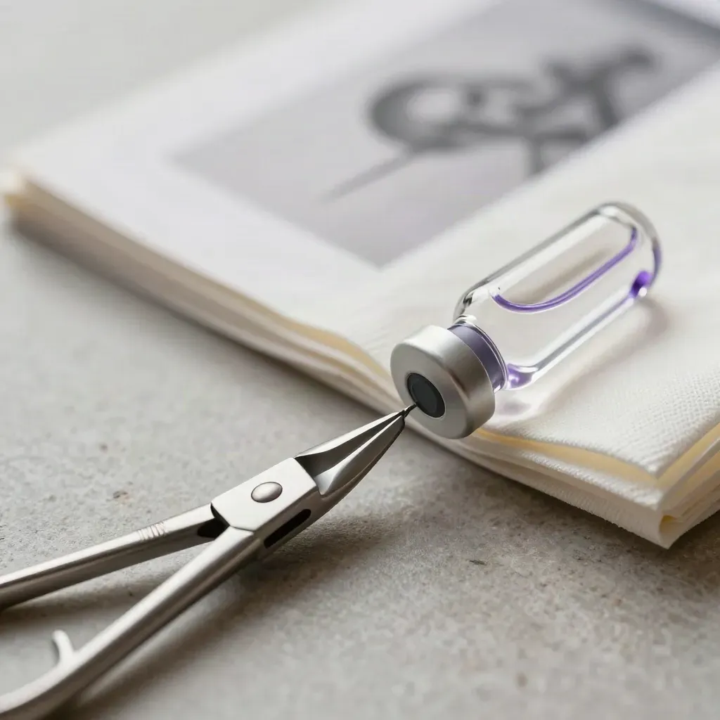 Forceps, ampoule and sterile wrap on cool stone with violet-tinted lab light