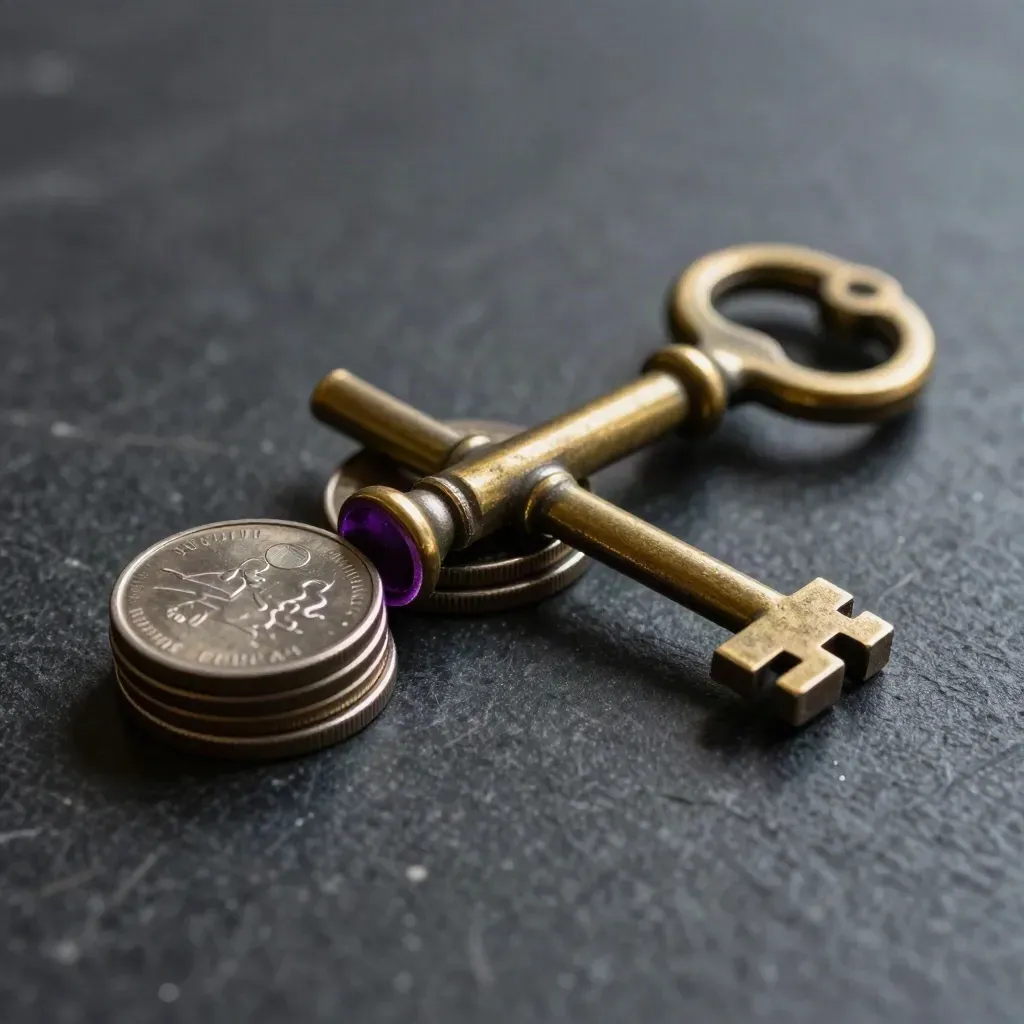 Macro still life of vault key, balance weights, and token discs on black stone.