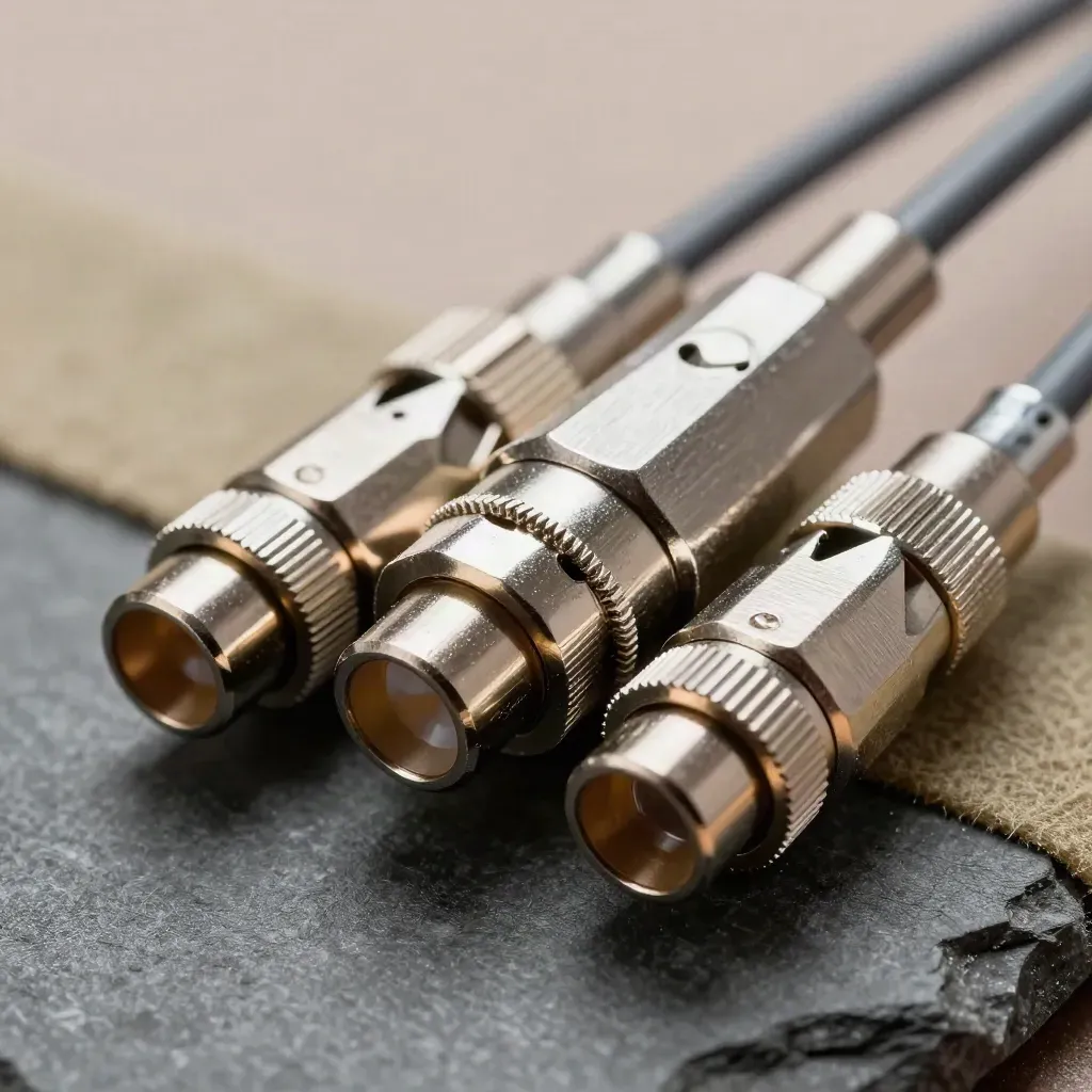 Macro of seated fibre-optic connectors with a brushed metal coupling sleeve on graphite stone.