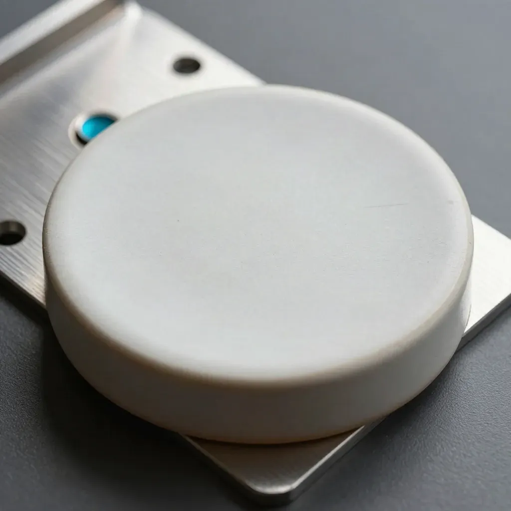 Ceramic test puck beside a heat spreader and two spacer rings on graphite.