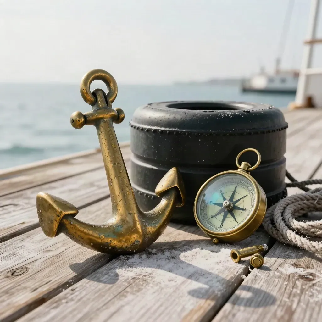 Brass mooring shackle, rubber fender block and ship’s compass on pale wood with sea haze