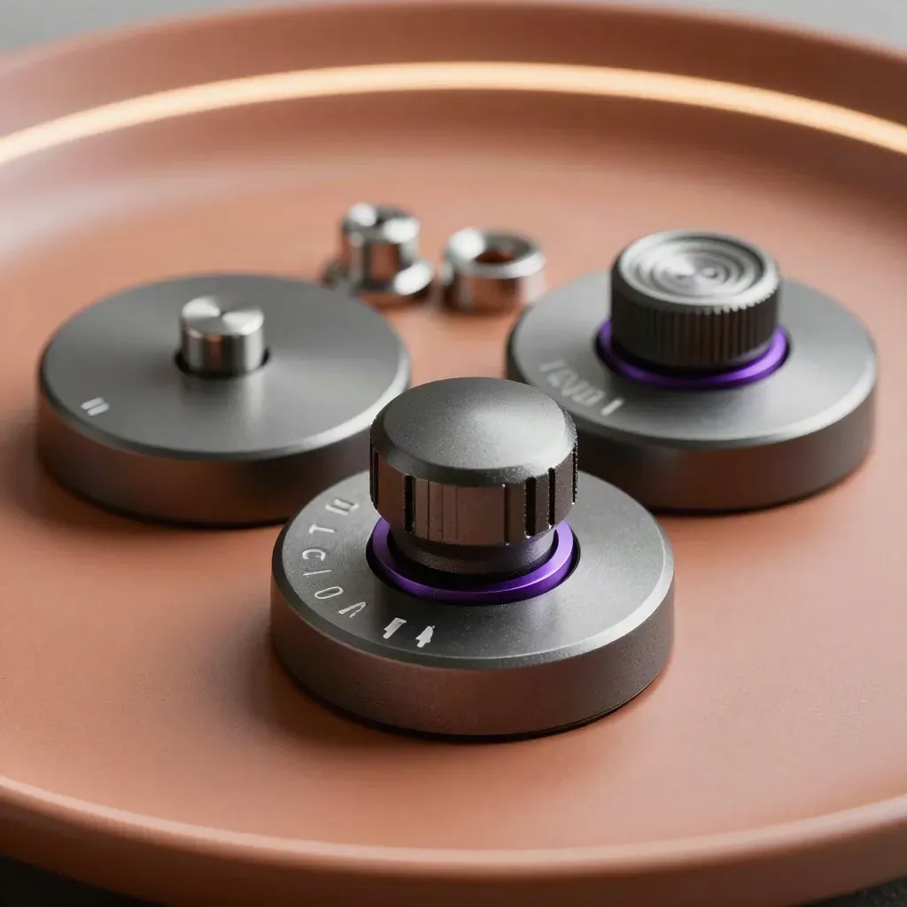 Matte control disks and a selector knob in a quantum lab-style macro still life on terracotta and graphite.