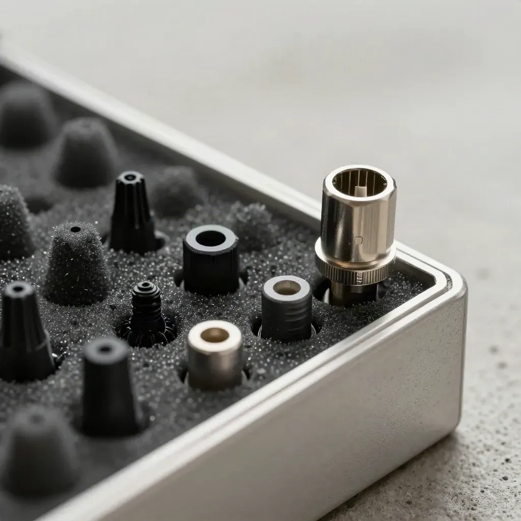 Macro still life of an anti-static sample case, connector cap and test plugs on pale concrete.