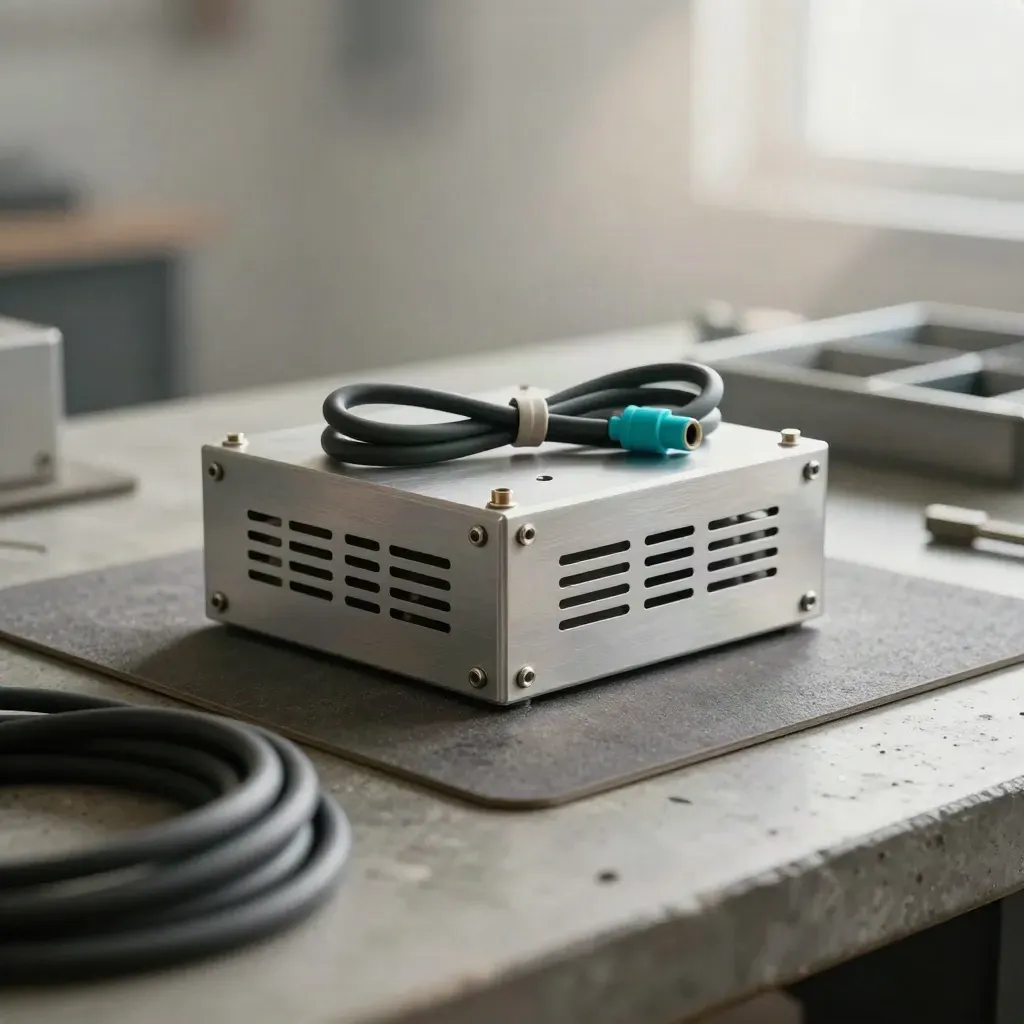 Prototype enclosure, cable loom and standoffs on a workshop bench, shot through a blurred cable coil.