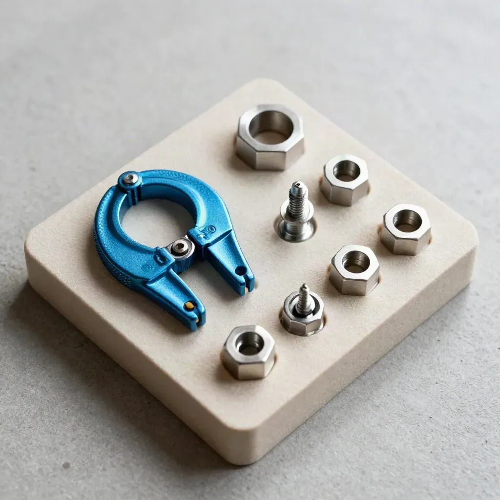 Cyan clamp and hex spacers nested in foam on pale concrete, top-down.