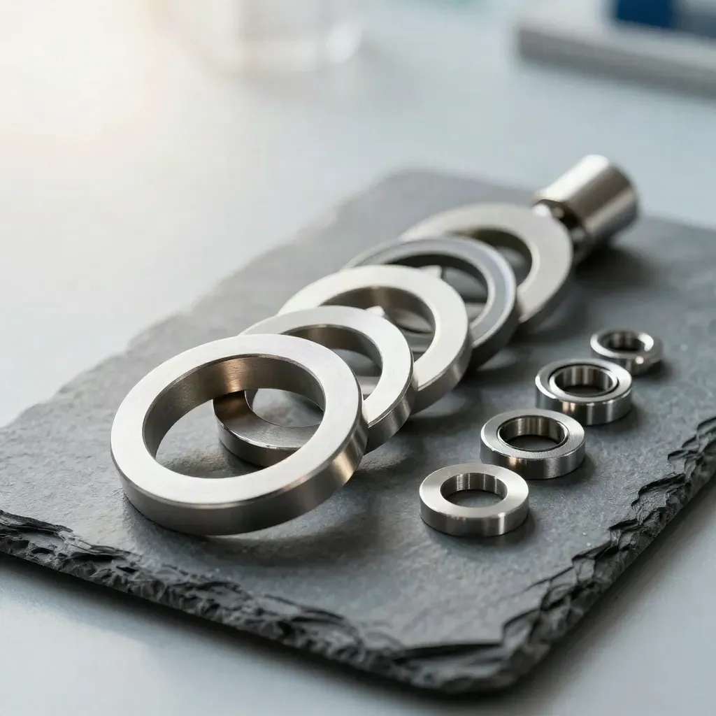 Silver calibration rings and spacers staged on stone, shot low and close