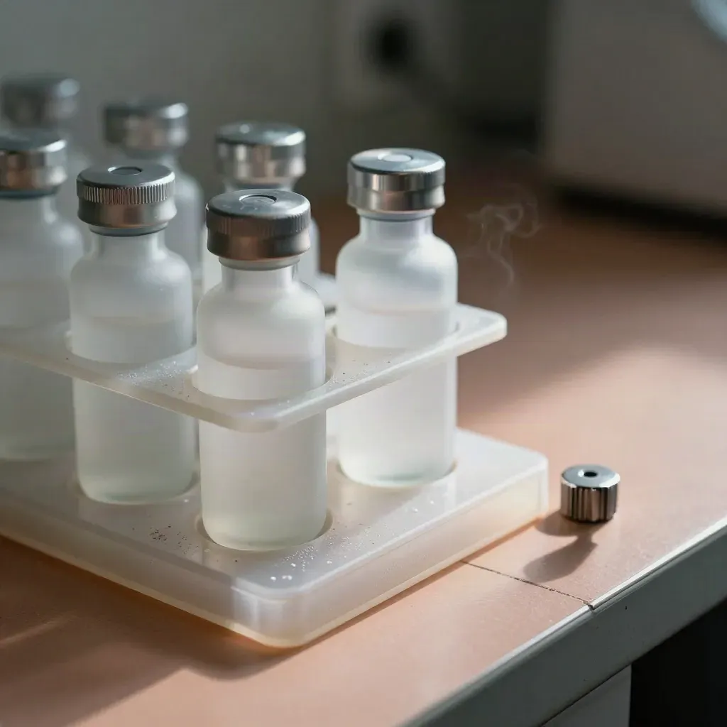 Cryogenic vial rack, sample tray and calibration puck on a cold lab bench with frost and vapour.
