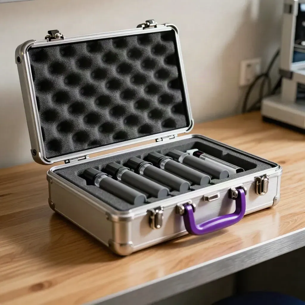 Open innovation lab case with alignment blocks and sealed sample tubes on warm oak.