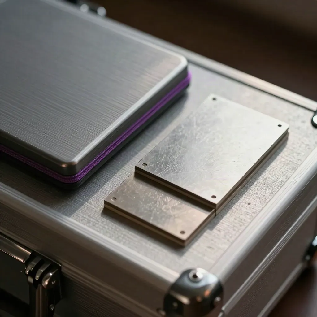 Overhead macro of a machined case, sealed pouch, and stacked sample tiles on dark stone.