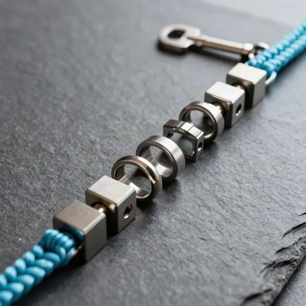 Overhead still life of linked metal rings, connector blocks, and a braided cable on slate.