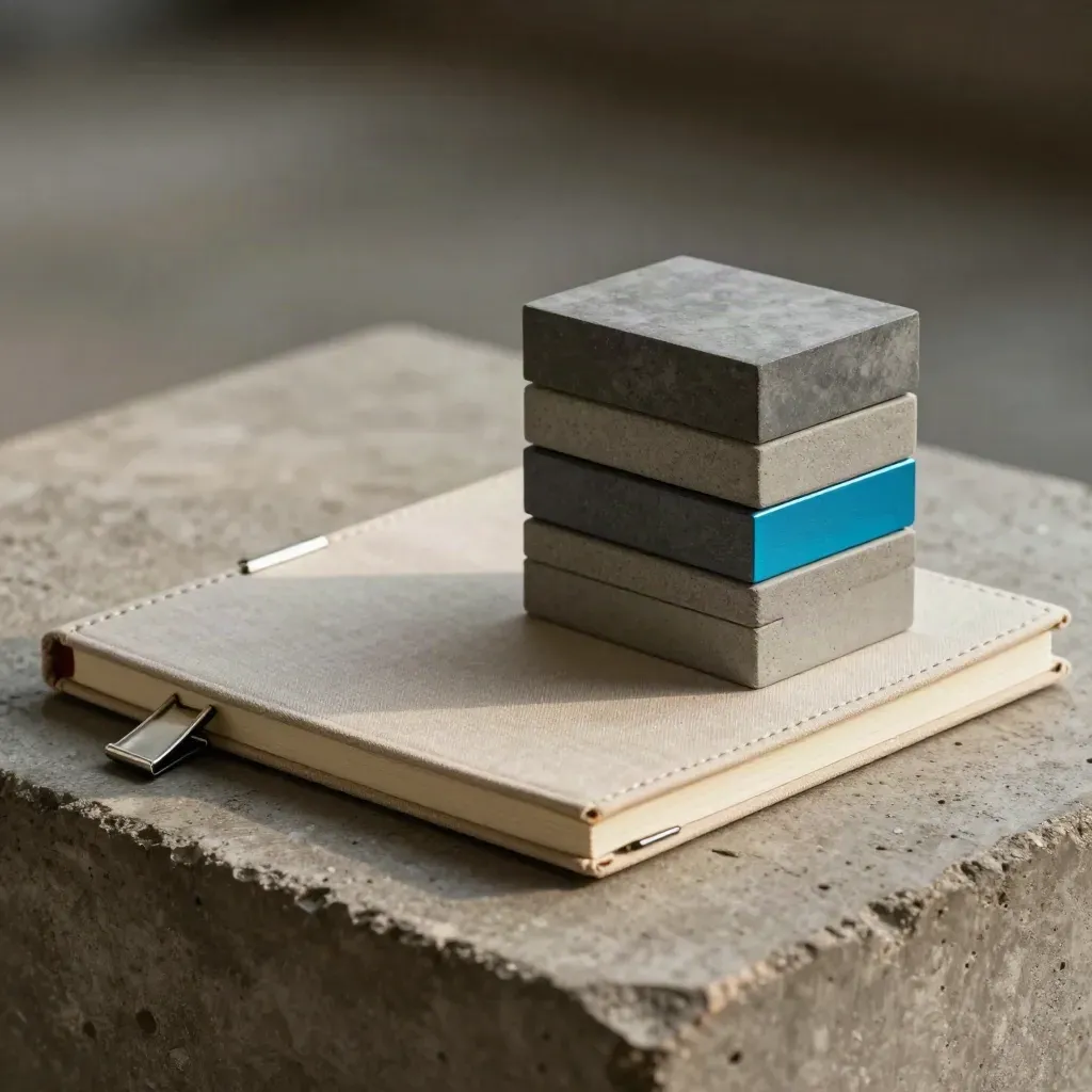 Edge-on linen notebook, archival clips and modular blocks on concrete with a cyan rim light.