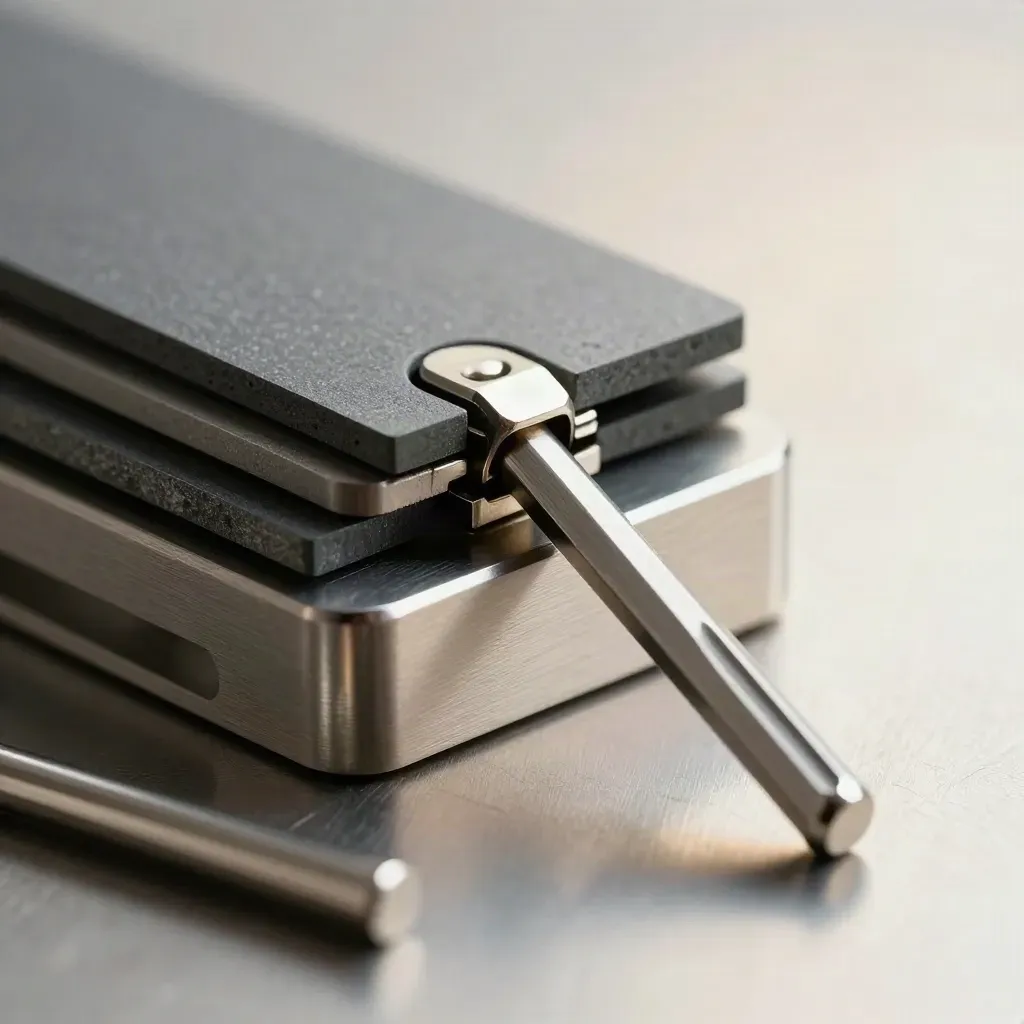 Extreme macro of machined plates, hinge pin and hex key on brushed metal with soft rim light