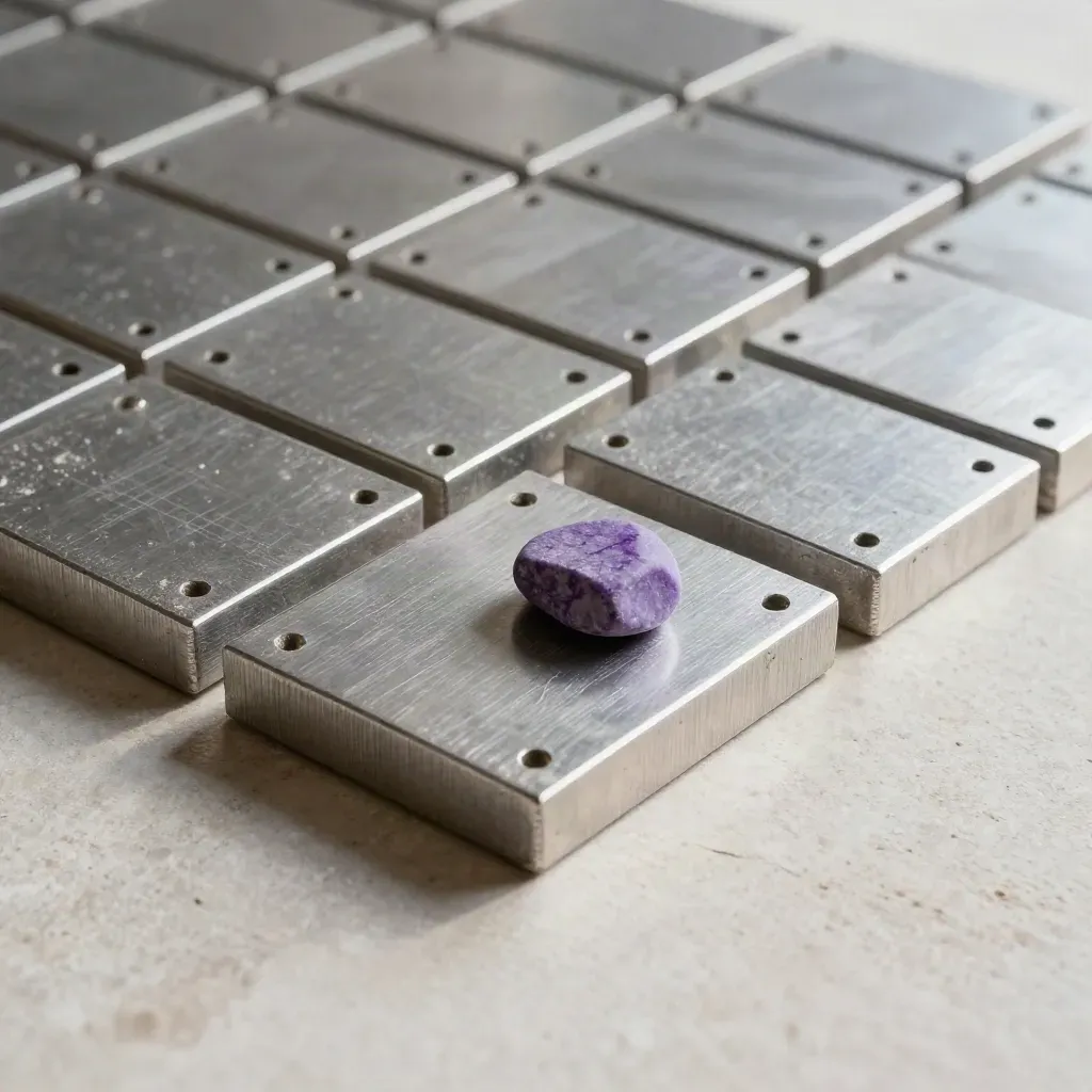 Overhead still life of aluminium tiles, alignment pegs, and a violet marker stone on pale stone.