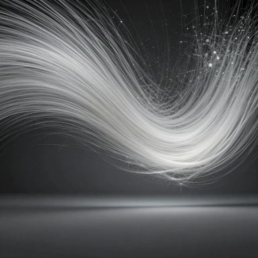 Silver filaments converge into a soft bloom in graphite space with drifting motes.